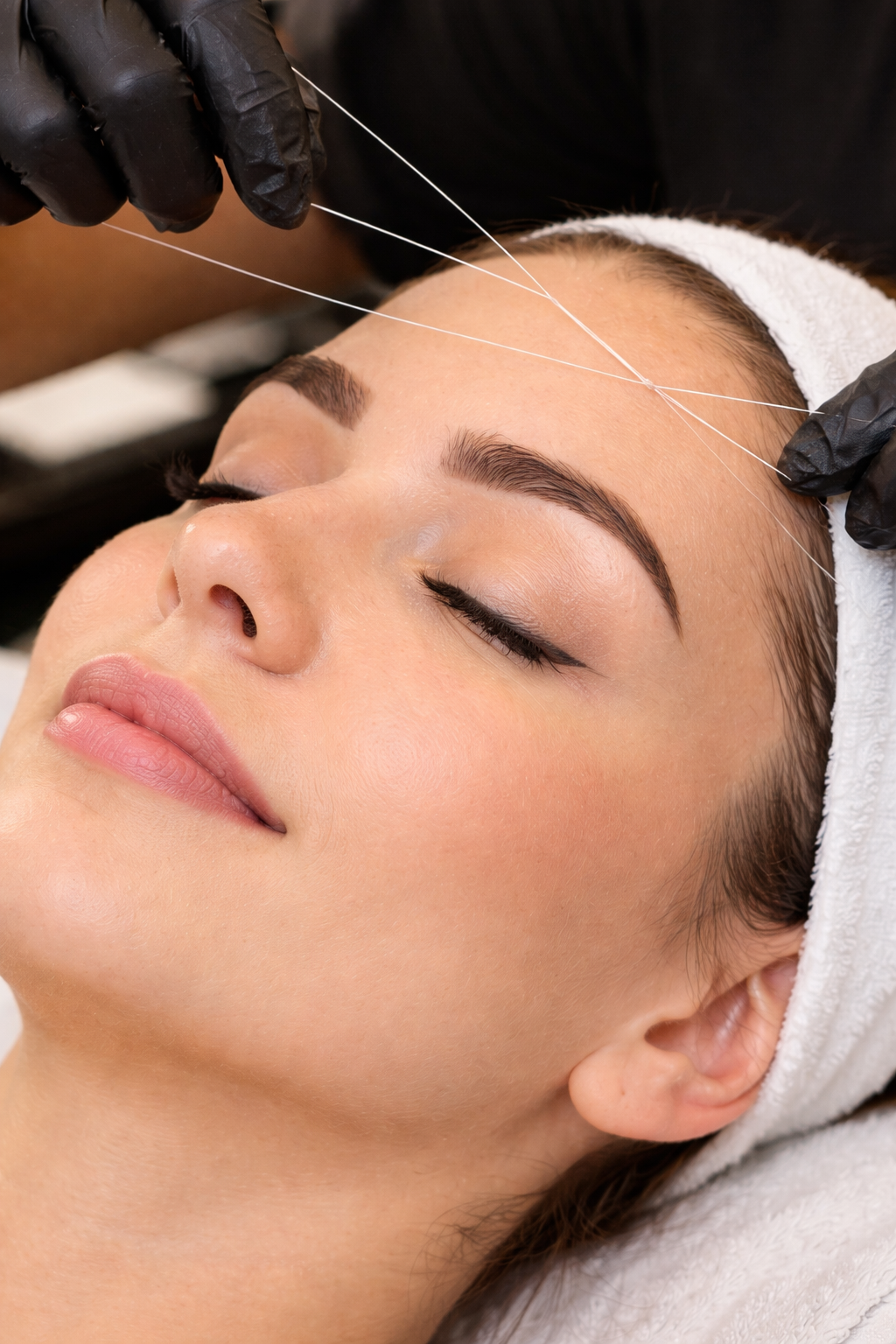 Girl doing eyebrow threading to another girl in salon